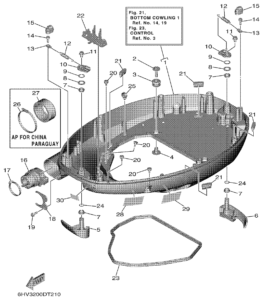 Yamaha F80DET, F90CET, F100FET BOTTOM COWLING 1 parts diagram